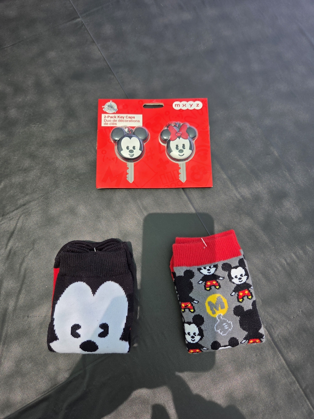 Mickey & Minnie MXYZ Key Caps with Two Disney Character Socks - Black, Red, Gray